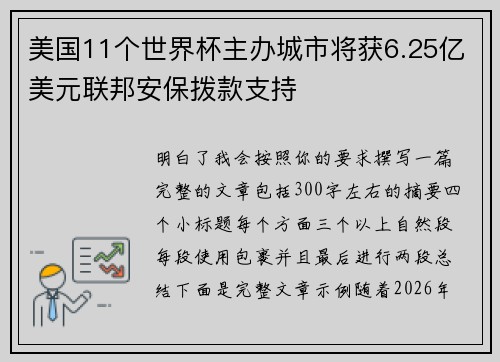美国11个世界杯主办城市将获6.25亿美元联邦安保拨款支持
