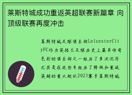 莱斯特城成功重返英超联赛新篇章 向顶级联赛再度冲击