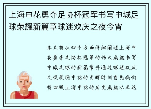 上海申花勇夺足协杯冠军书写申城足球荣耀新篇章球迷欢庆之夜今宵 上海申花勇夺足协杯冠军书写申城足球荣耀新篇章球迷欢庆之夜今宵