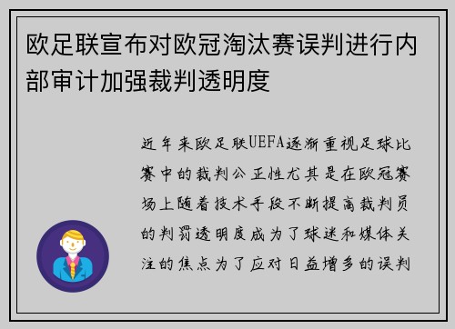 欧足联宣布对欧冠淘汰赛误判进行内部审计加强裁判透明度