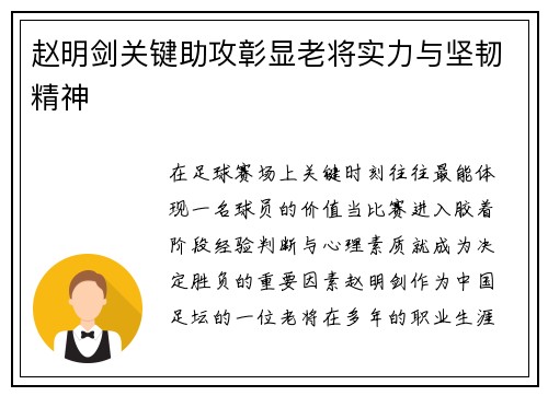 赵明剑关键助攻彰显老将实力与坚韧精神